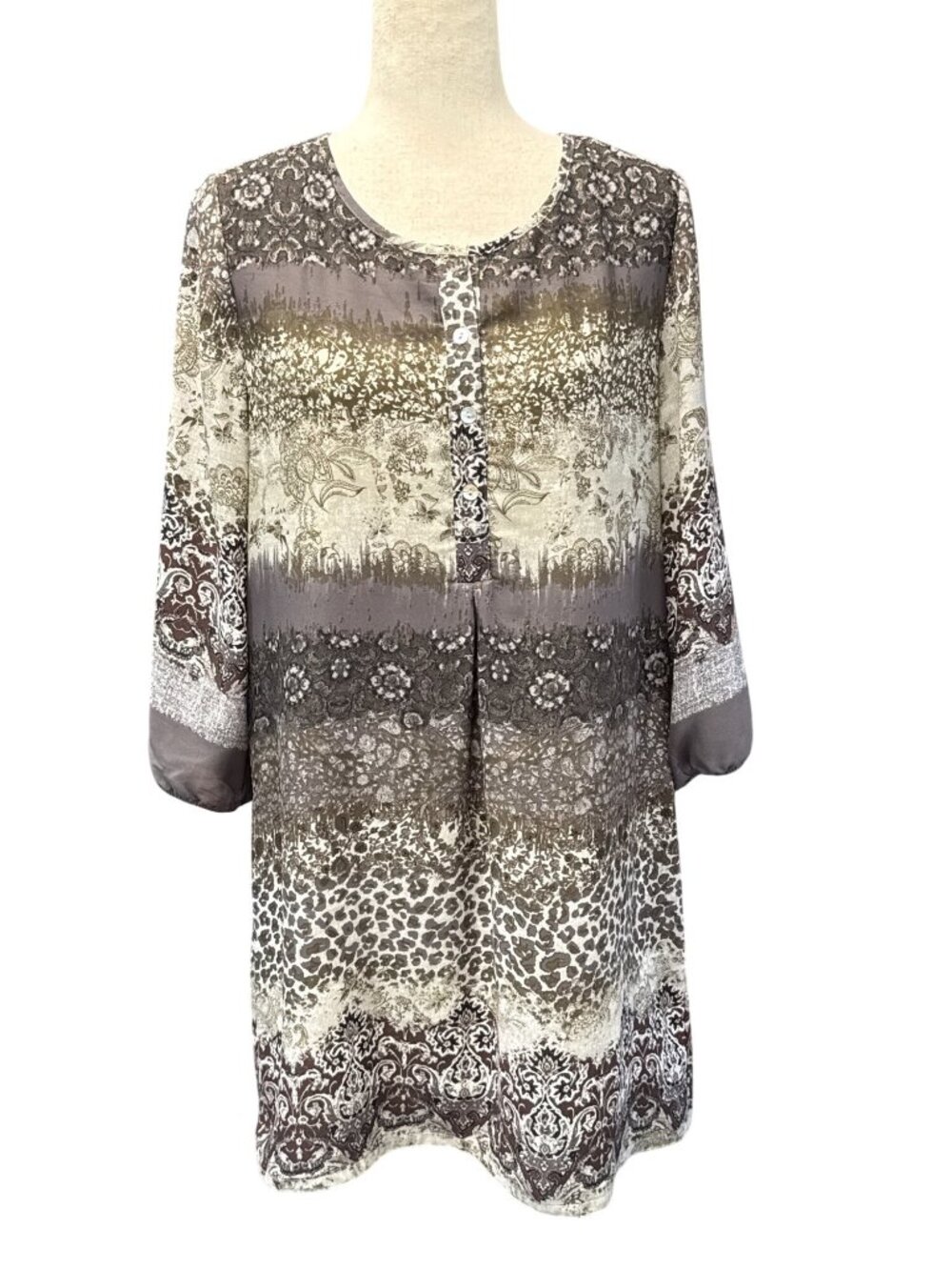 Fig and Flower Anthropologie Boho Tunic Dress~Size L~Grey Black Cream Tones L623
